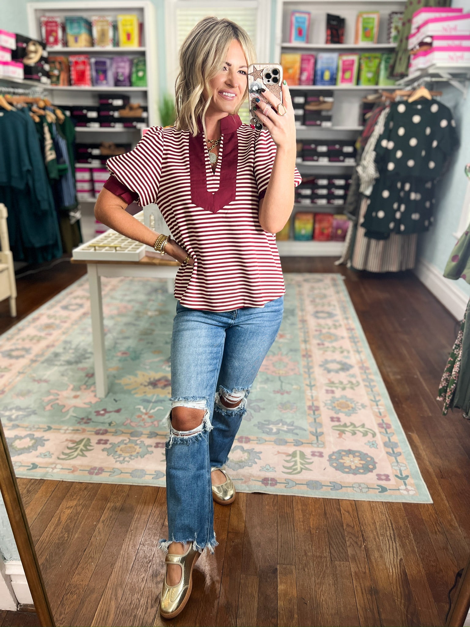 Burgundy and white striped short-sleeve V-neck top with front twist detail