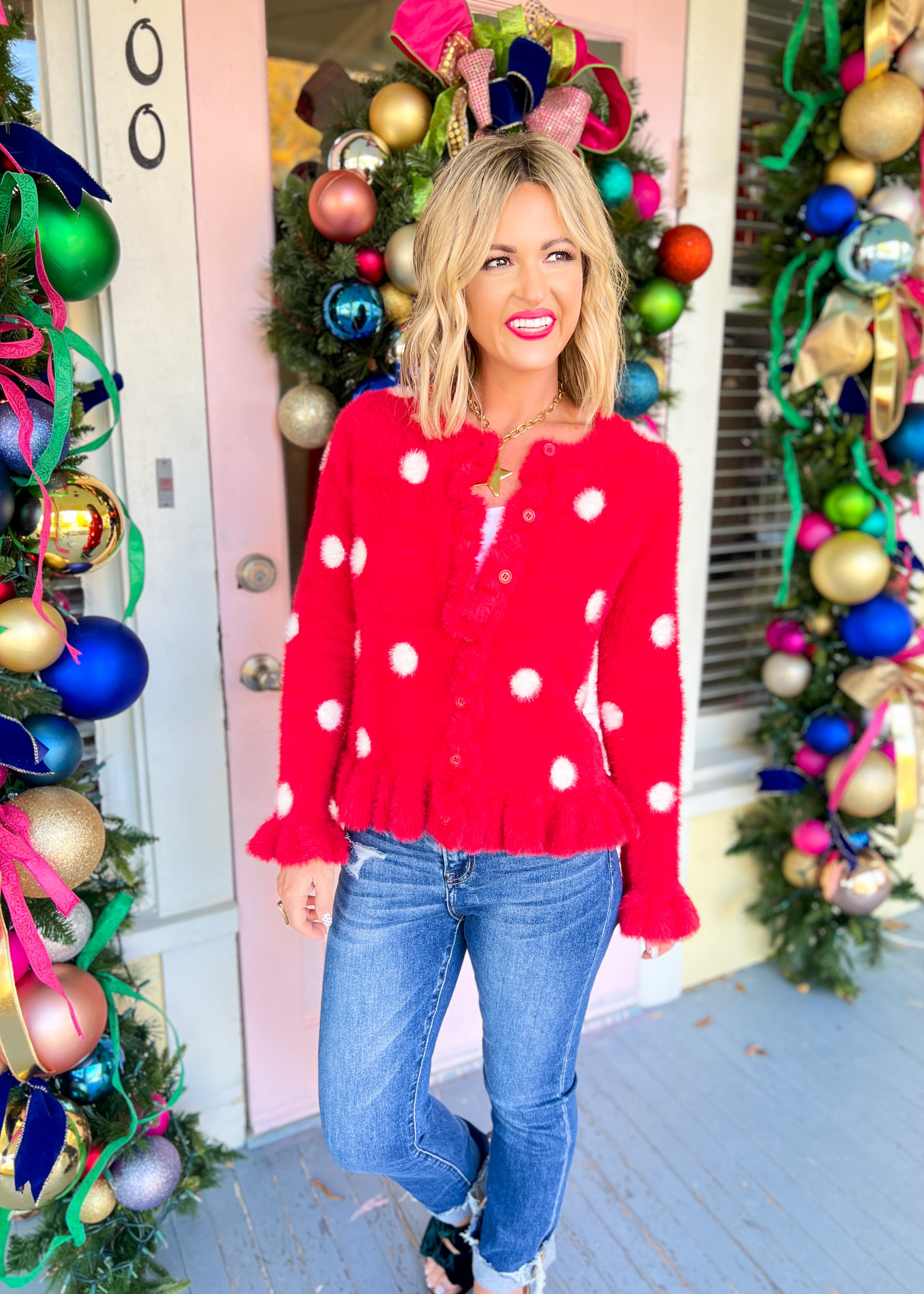 Full of Cheer Fuzzy Dot Sweater Cardigan