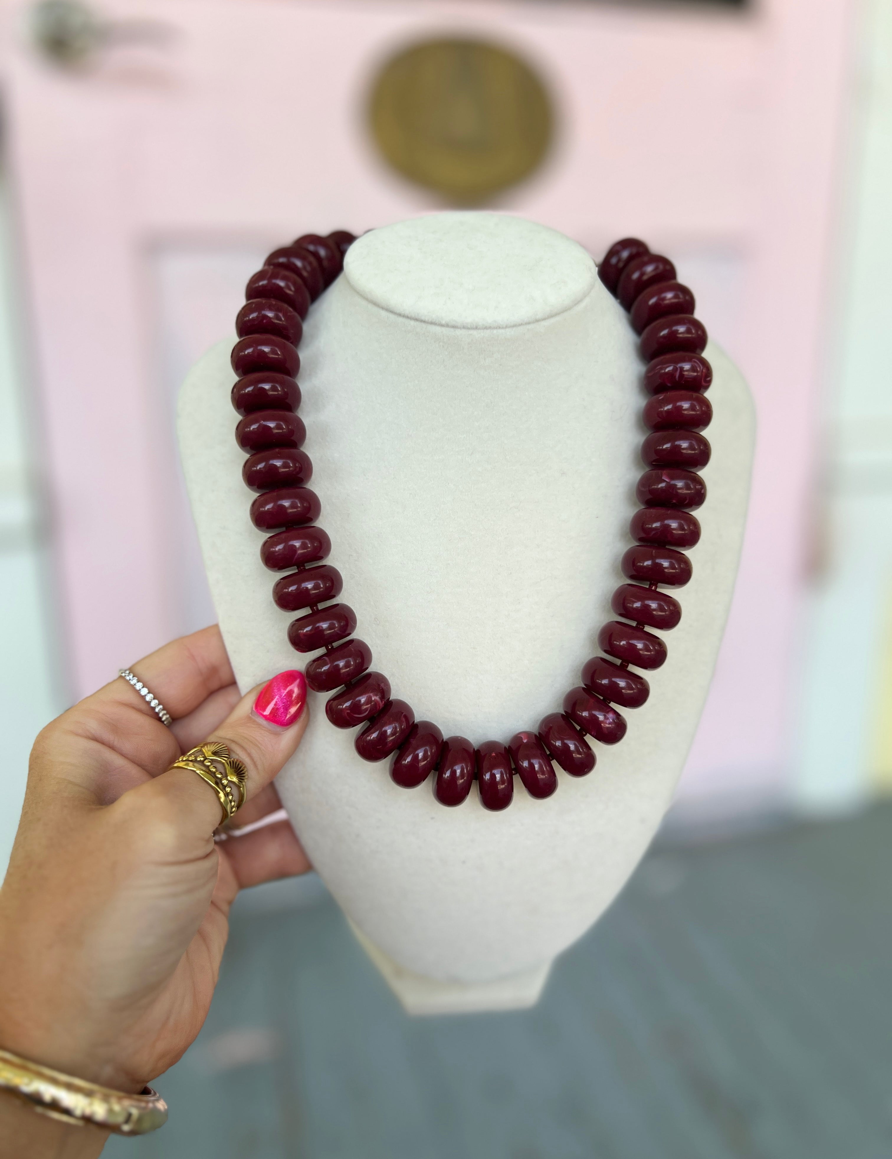 Burgundy marble rondelle bead necklace with glossy oval beads