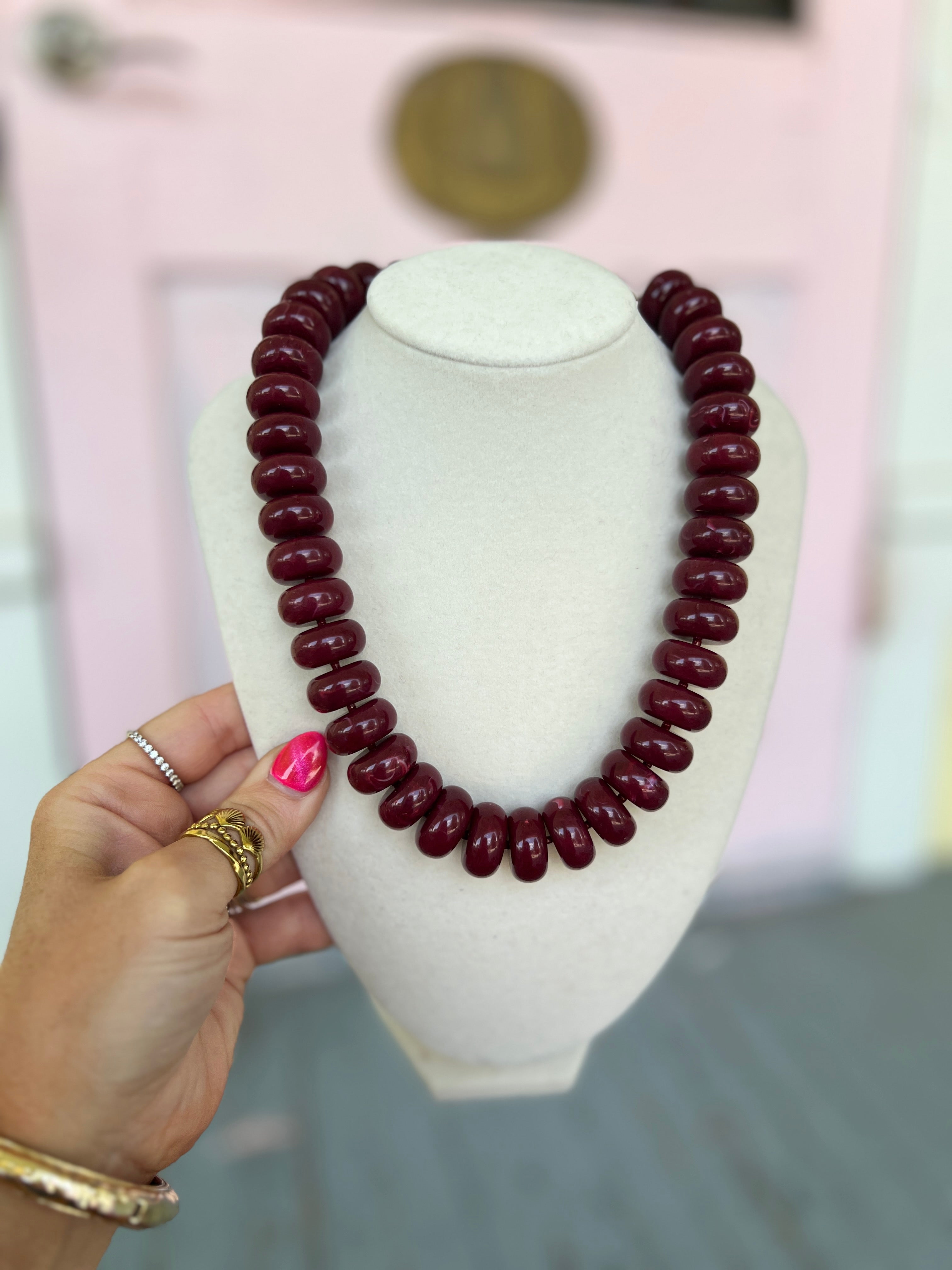 Burgundy marble rondelle bead necklace with glossy oval beads