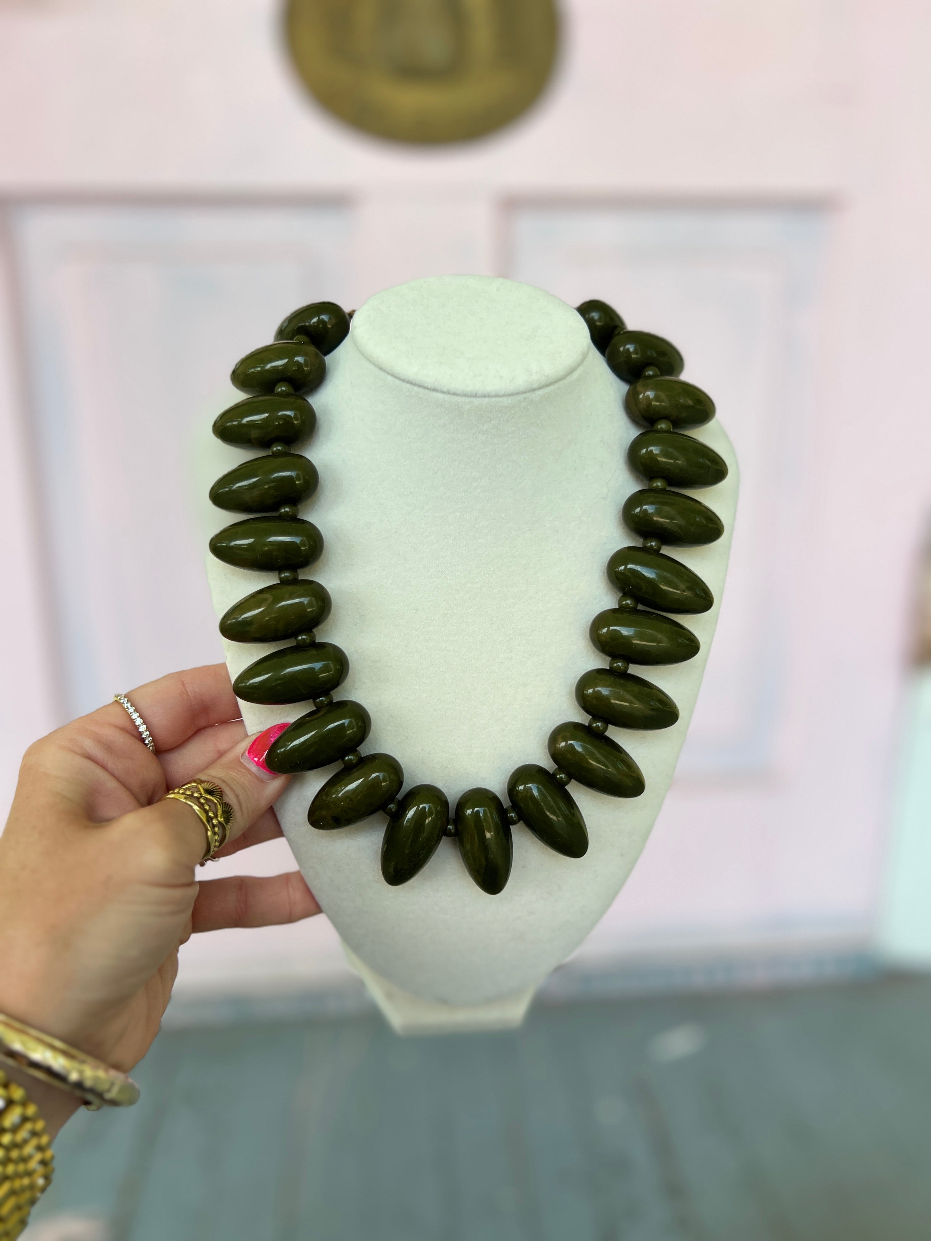 Marble Pebble Bead Necklace - Olive