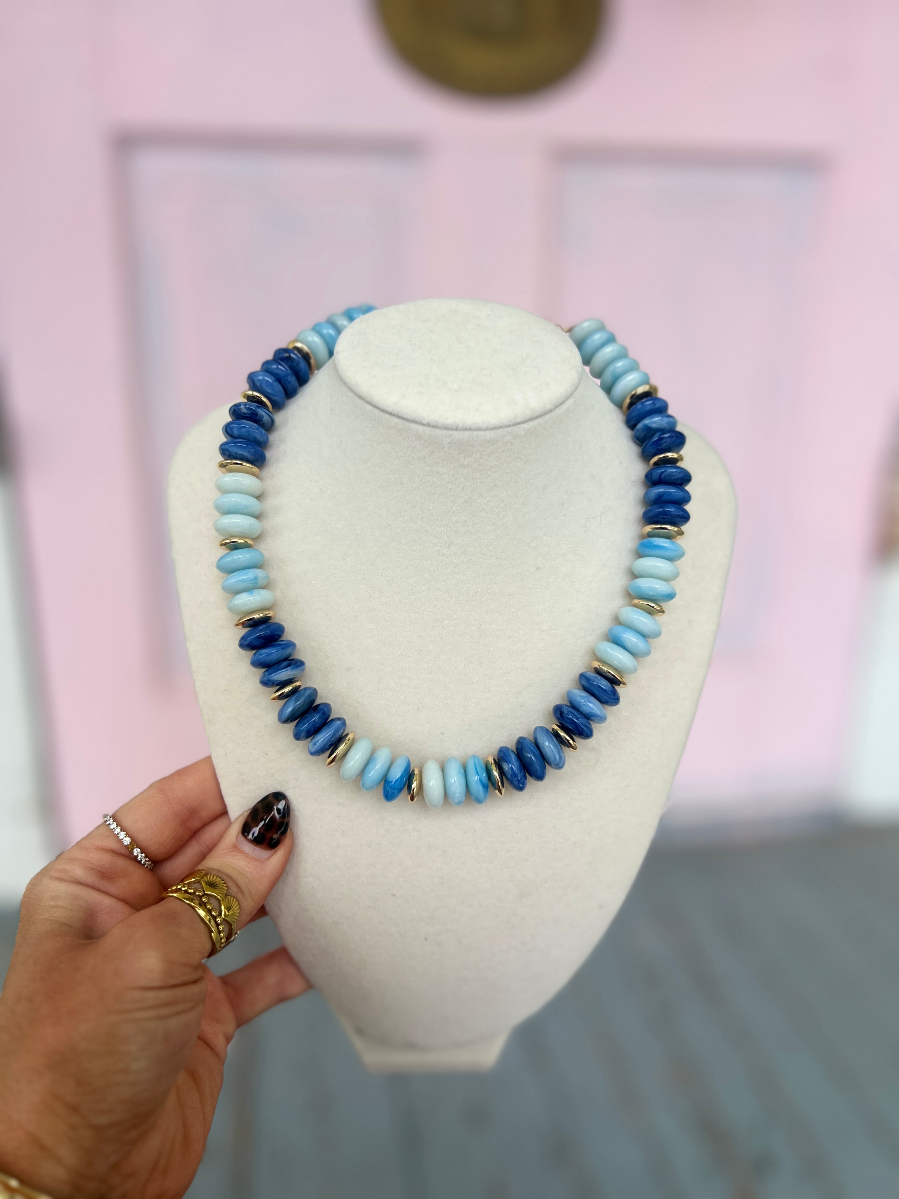 Marbleized Rondelle Stone Necklace - Blue