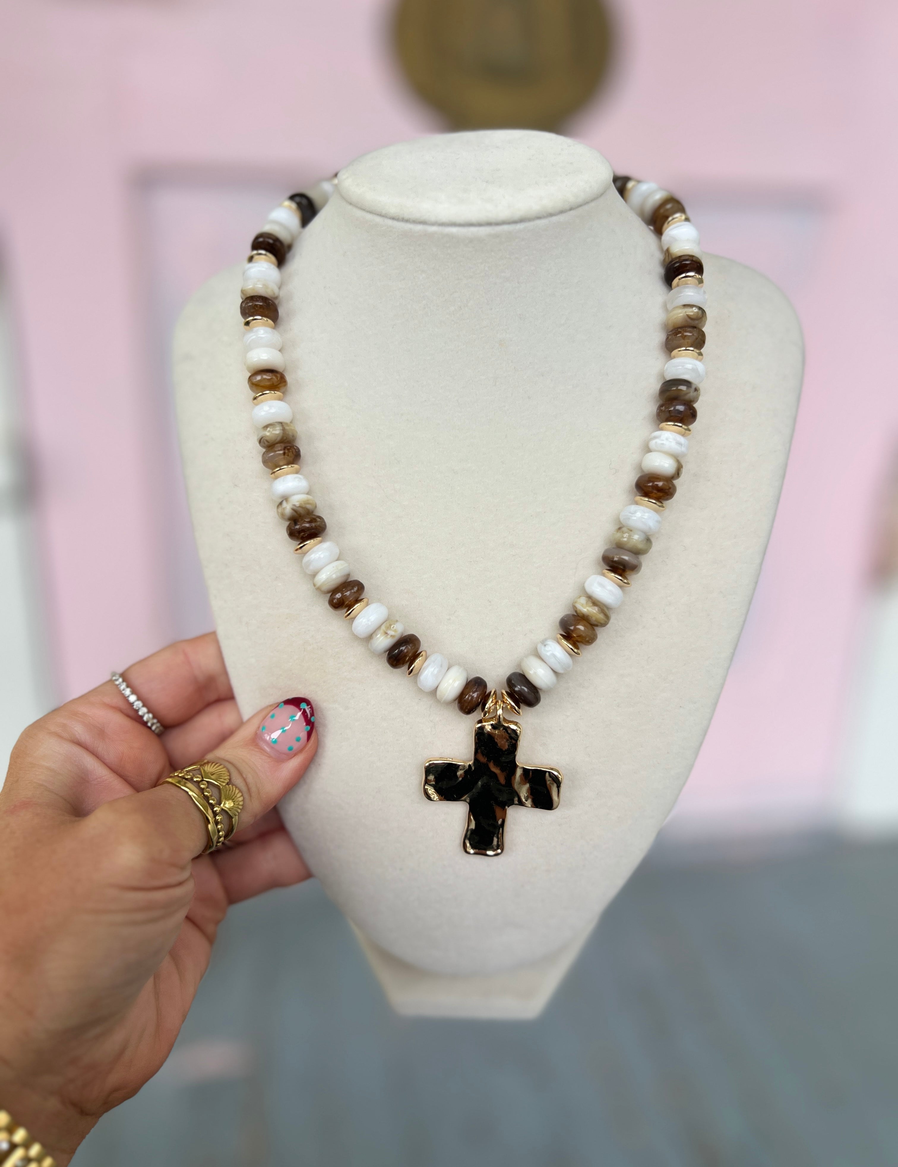 Brown hammered cross pendant beaded necklace with rondelle beads