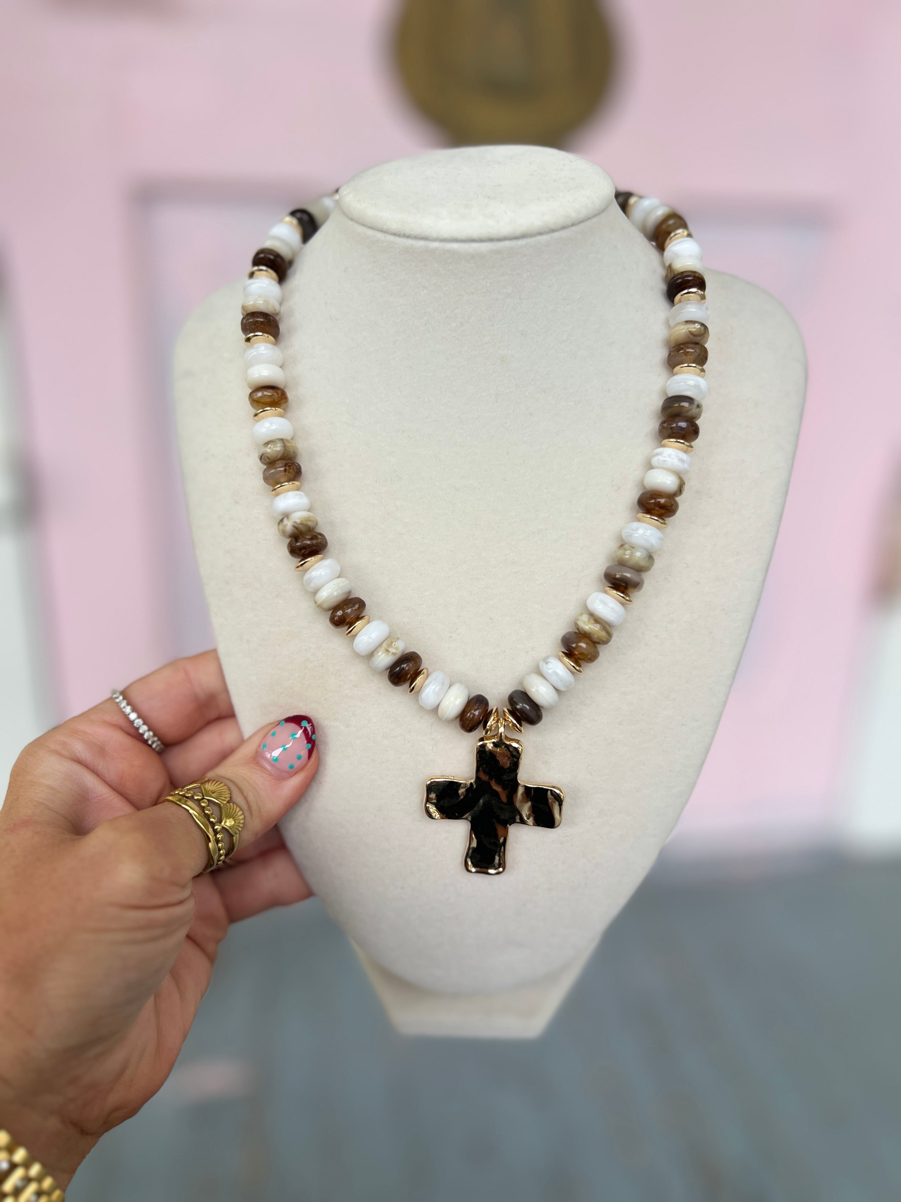 Brown hammered cross pendant beaded necklace with rondelle beads