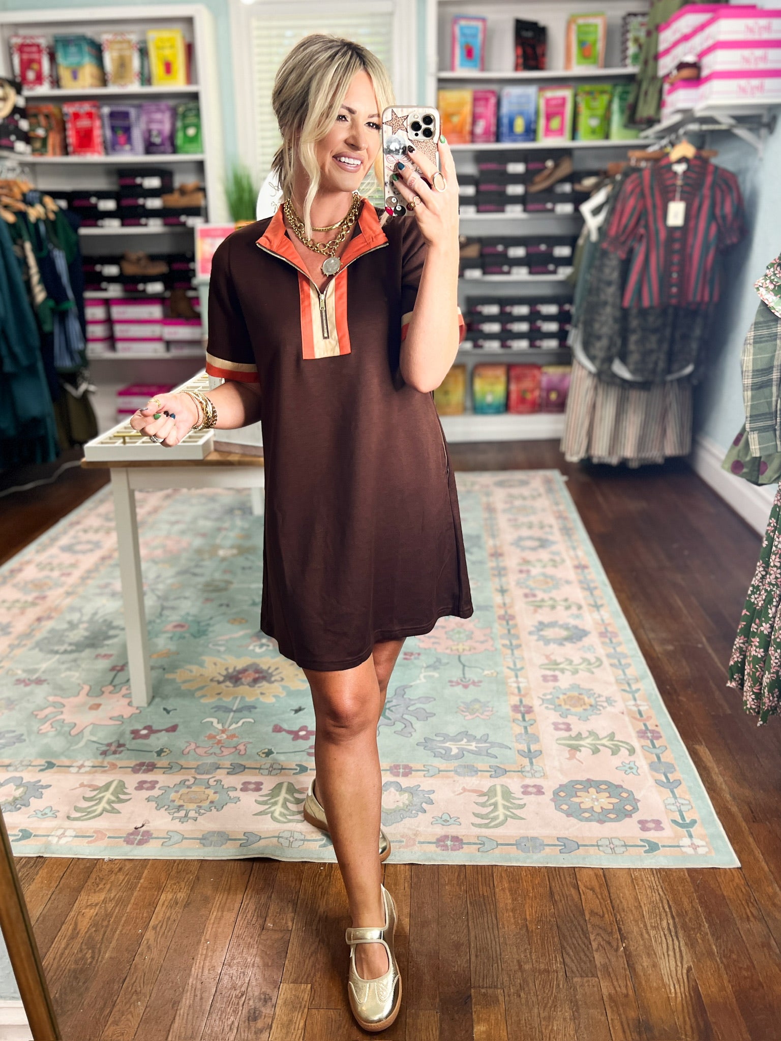 Brown casual dress with orange-trim yoke, short sleeves, and A-line skirt