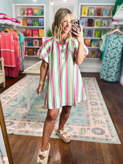 All Lined Up Mini Dress - Cream Green