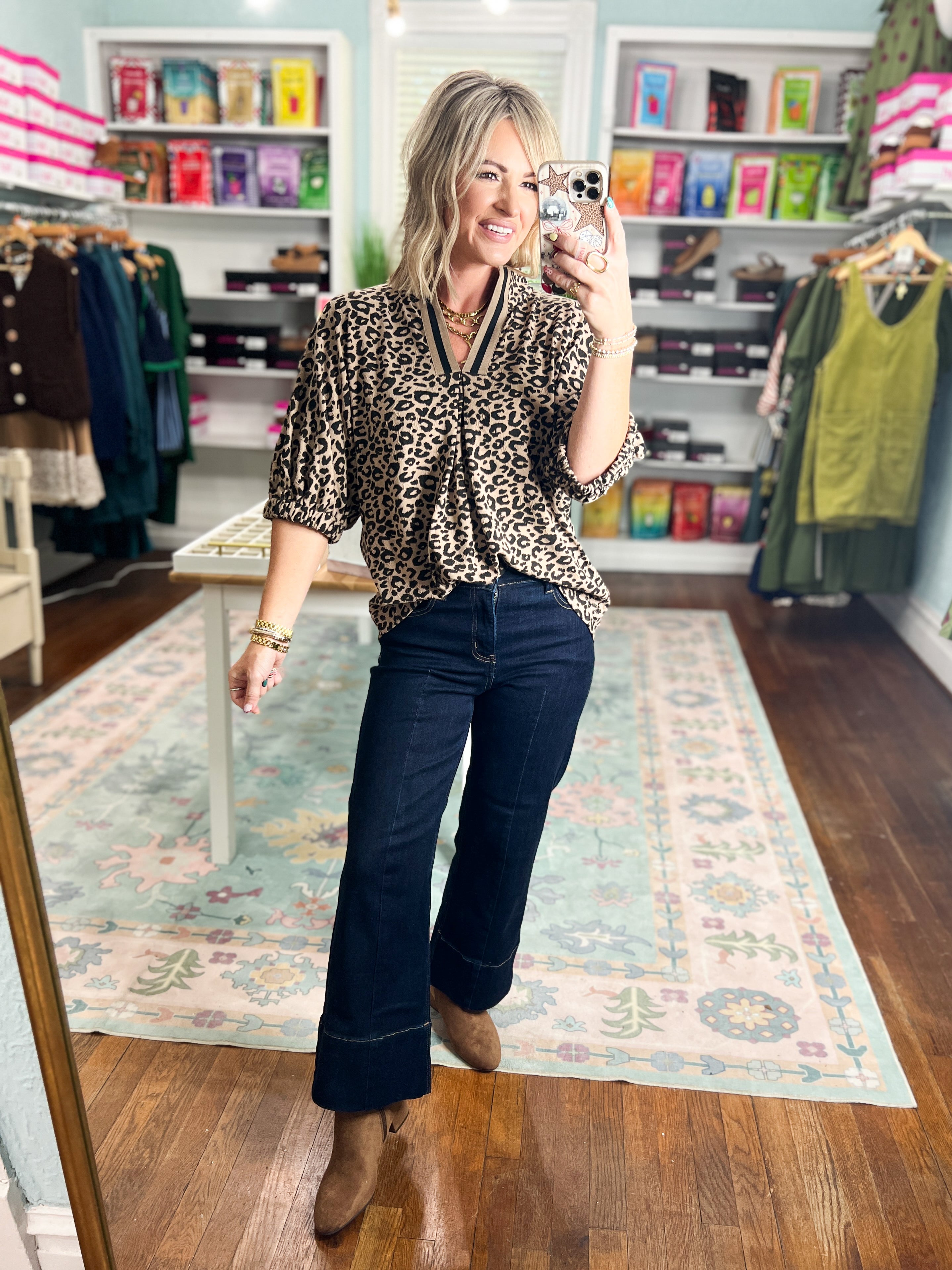 Taupe leopard print pleated blouse top with V-neck and short sleeves