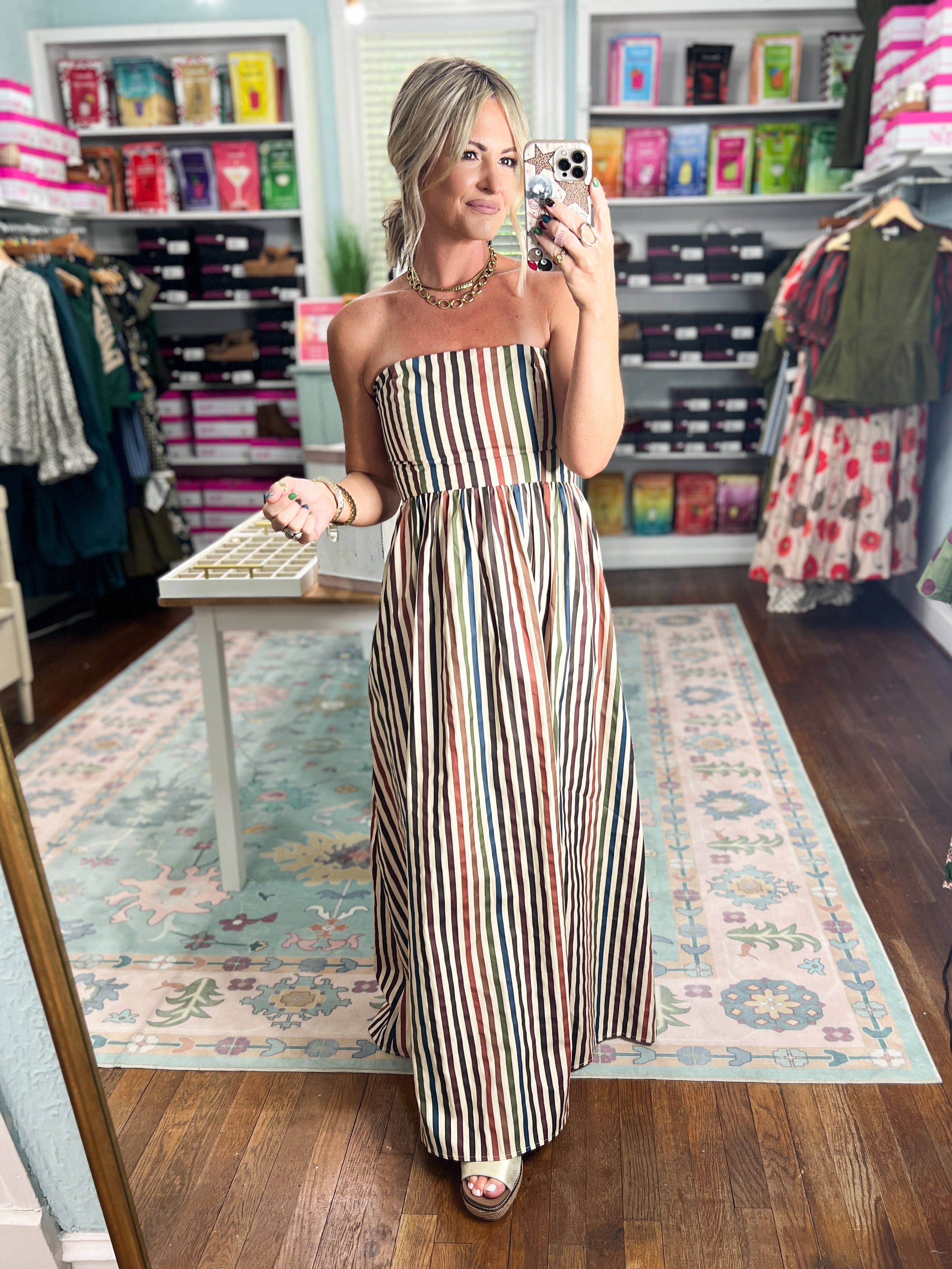 Striped and Stunning Strapless Maxi Dress- Multi
