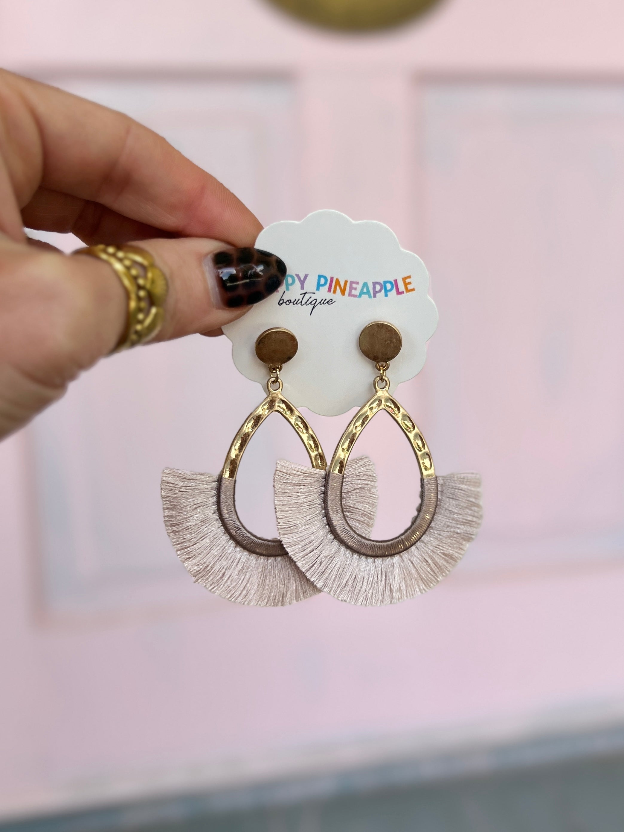Teardrop and Wrapped Tassel Earrings - Mauve/WornGold