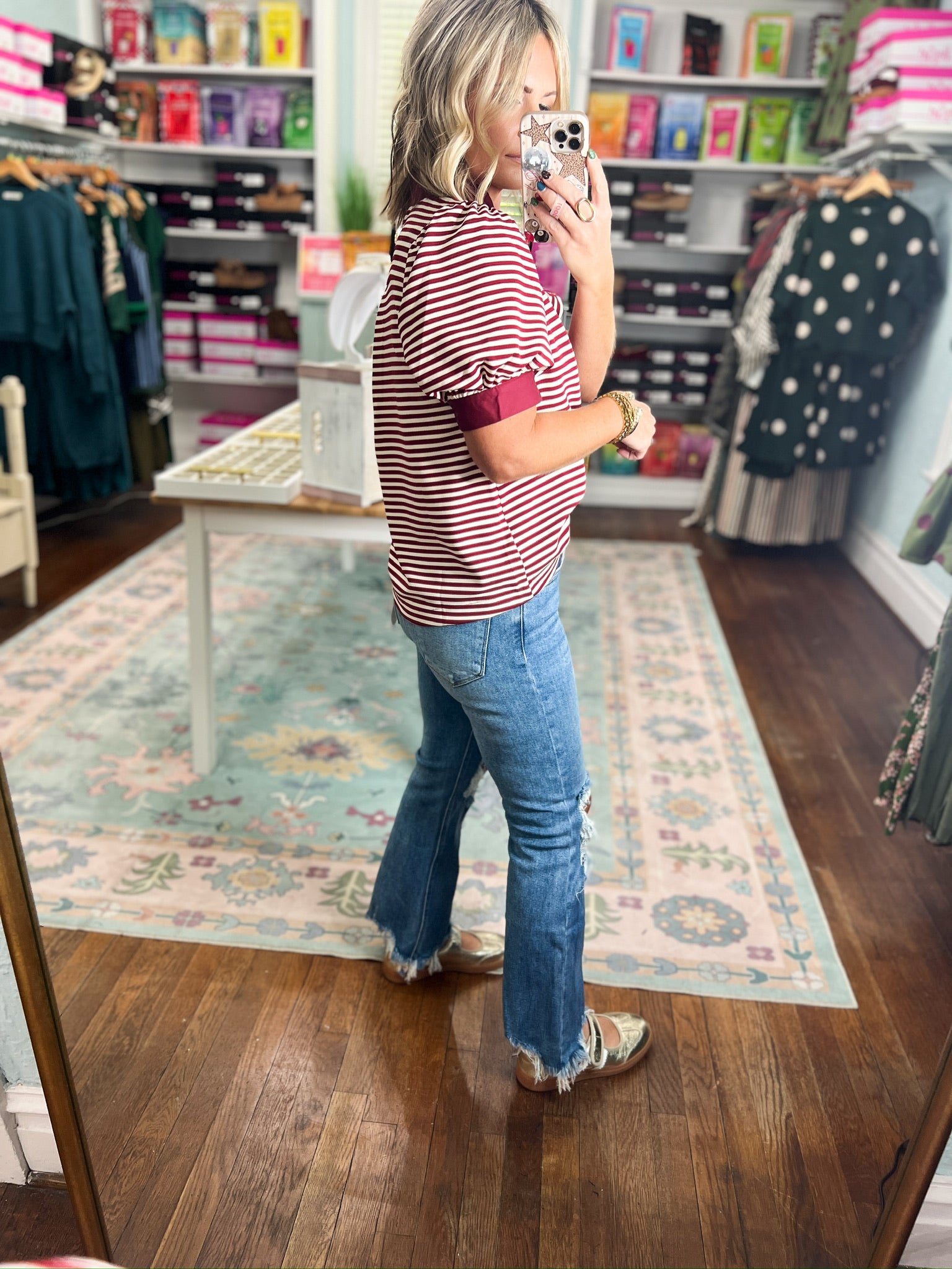 Burgundy and white striped short-sleeve V-neck top, relaxed fit