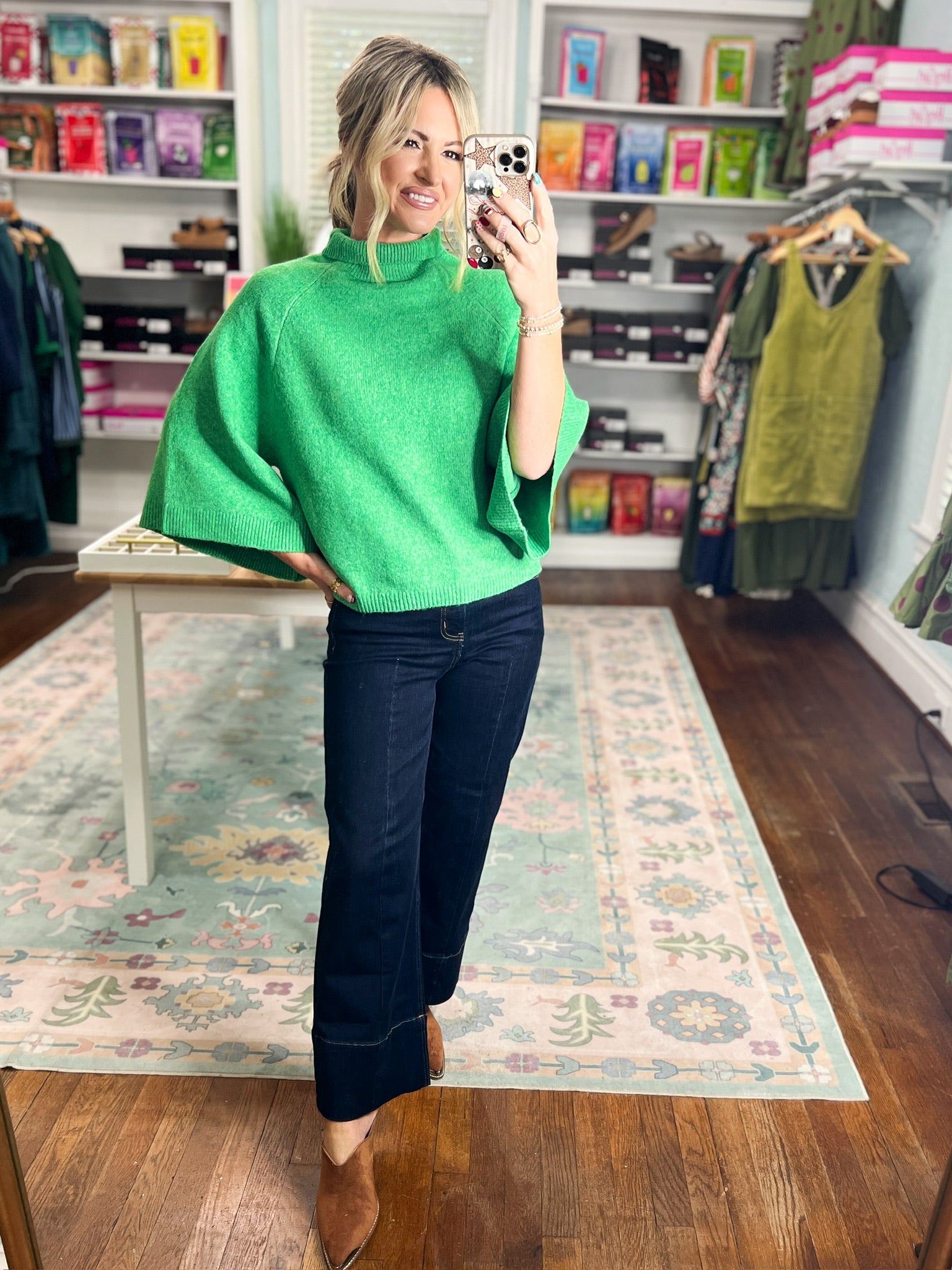 Emerald mock neck knit sweater with loose short sleeves