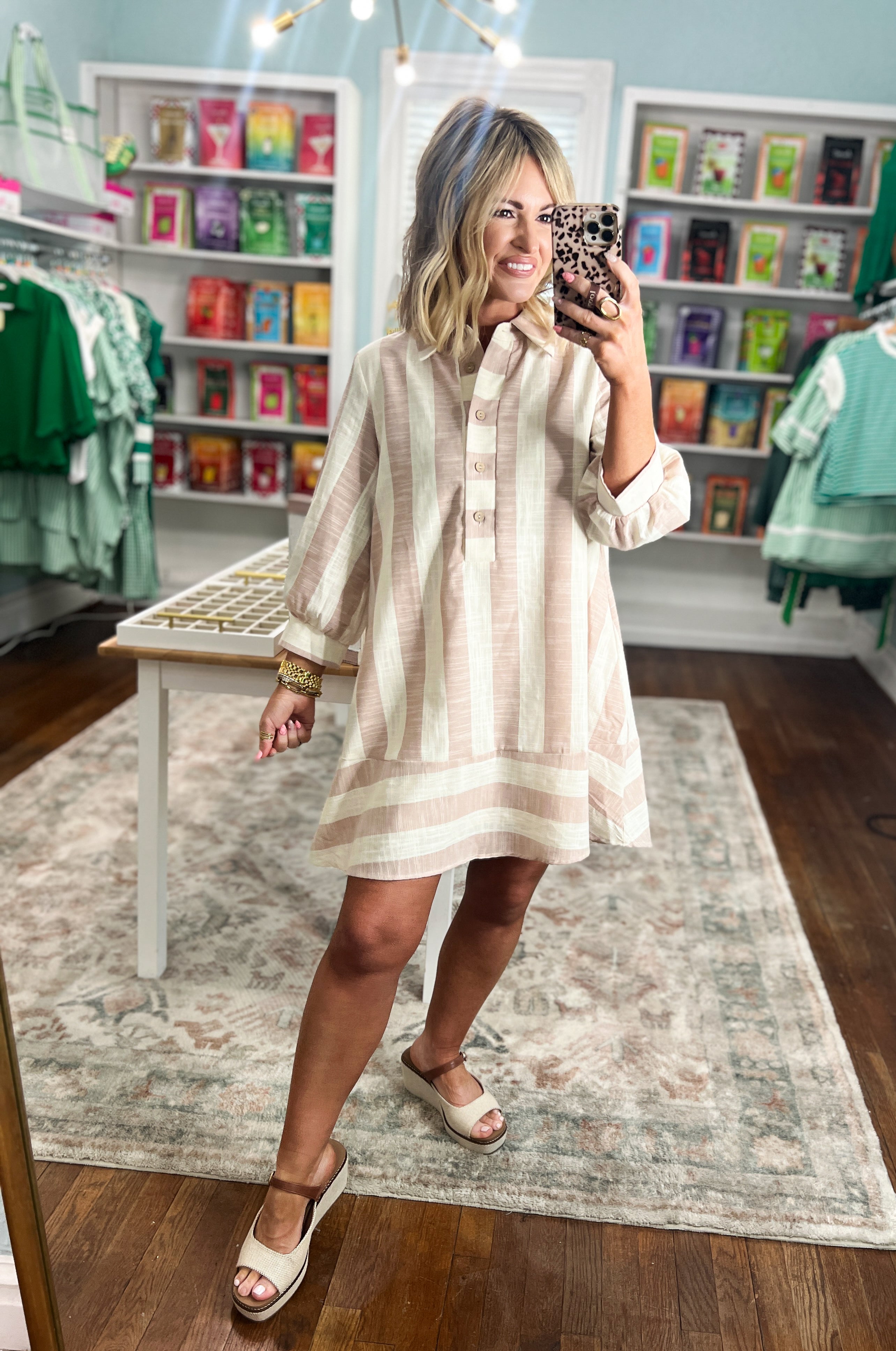 Slice of Happiness Striped Shirt Dress - Oatmeal/Taupe