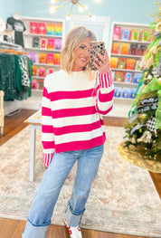 Sip in Style Stripe Sweater - Hot Pink