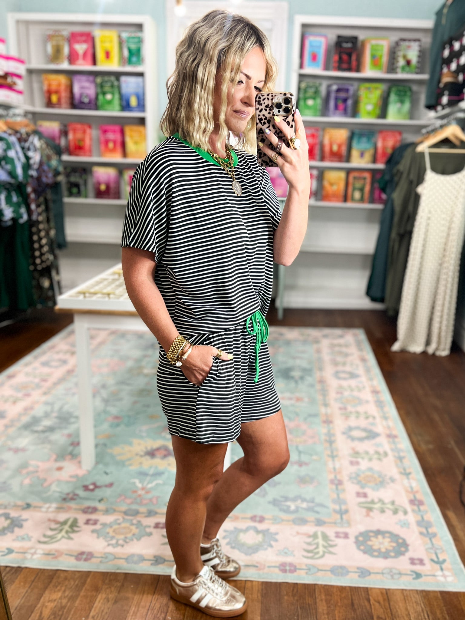 New Days Striped Knit Top and Shorts Set - Black/Green