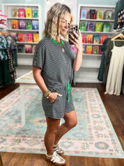 New Days Striped Knit Top and Shorts Set - Black/Green