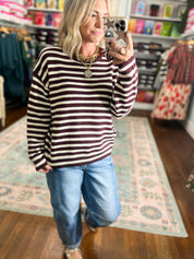 Just Right Striped Crew Neck Sweater - Dk. Cherry