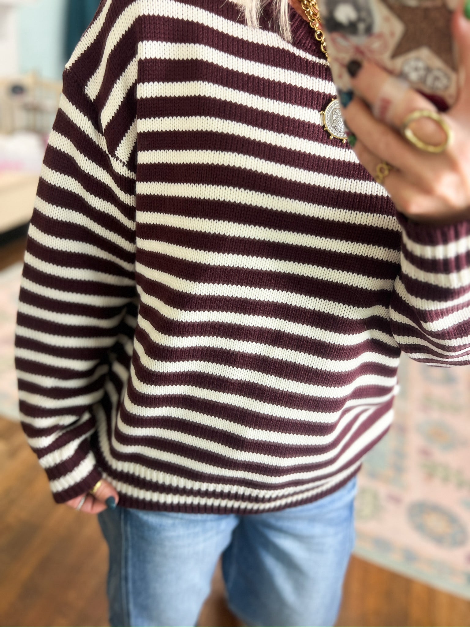 Just Right Striped Crew Neck Sweater - Dk. Cherry