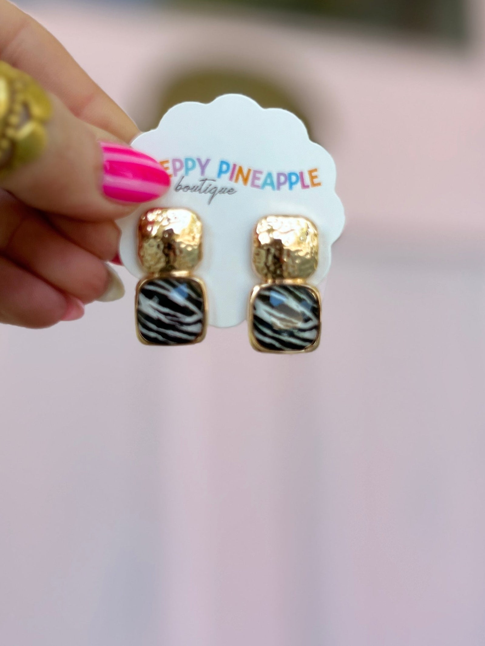 Animal Pattern Faceted Stud Earrings - Zebra/Gold