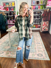 In Transit Plaid Button-up Shirt With Corduroy Collar - Green