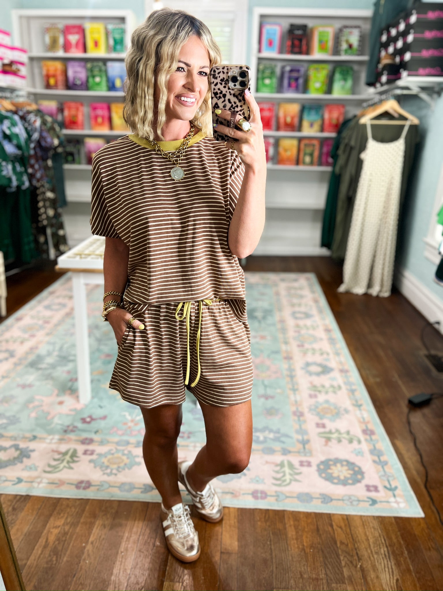 New Days Striped Knit Top and Shorts Set -Mocha/Gold