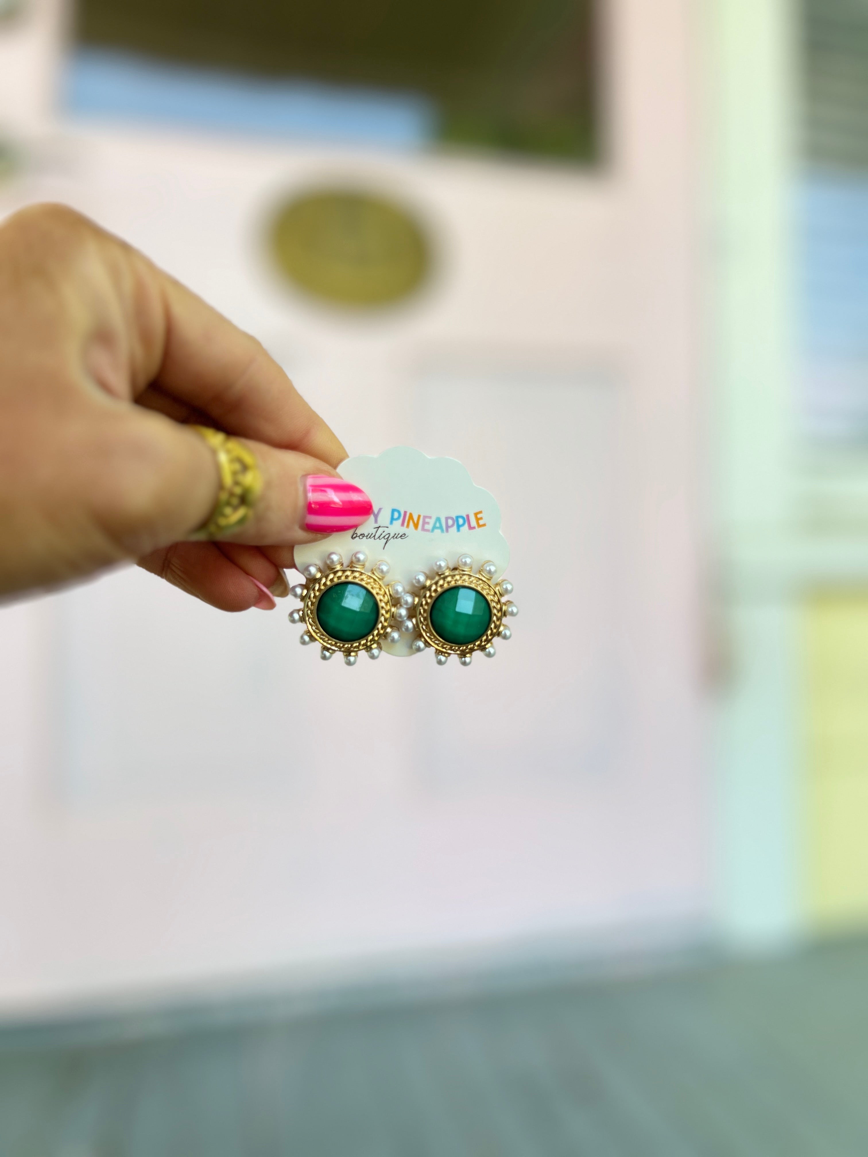 Dotted Pearl and Round Stone Earrings