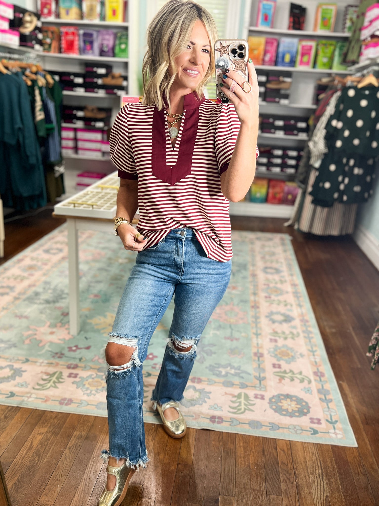 Burgundy and white striped short-sleeve V-neck top with front knot detail