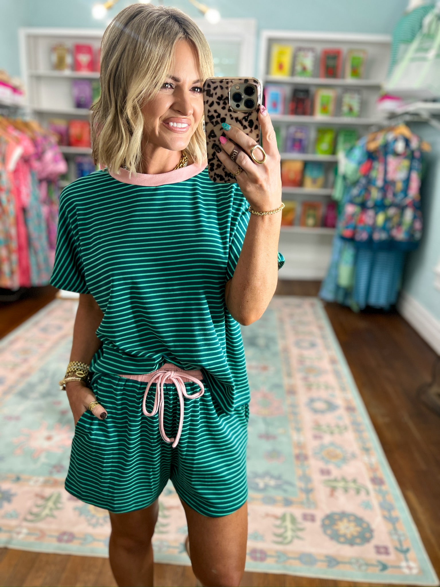 New Days Striped Knit Top and Shorts Set - Teal/Blush