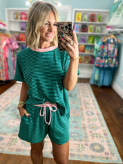 New Days Striped Knit Top and Shorts Set - Teal/Blush