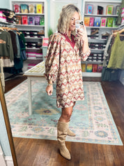 Unmistakably You Geo Floral Shift Dress - Burgundy