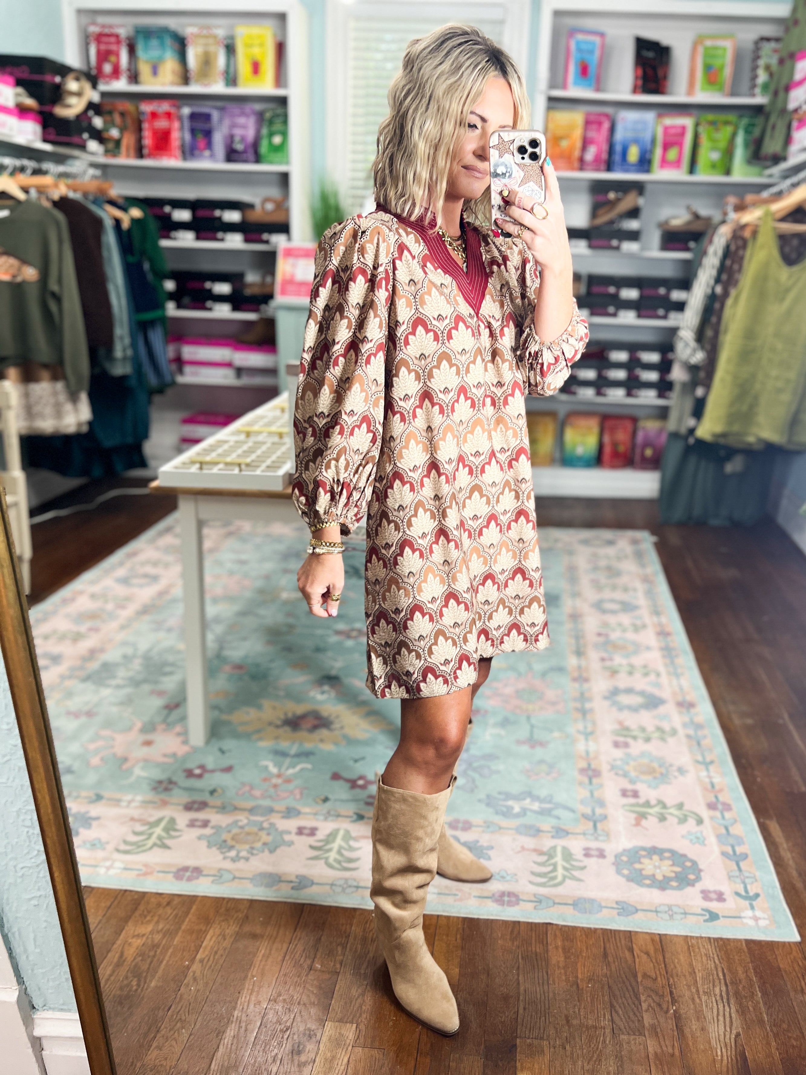 Unmistakably You Geo Floral Shift Dress - Burgundy