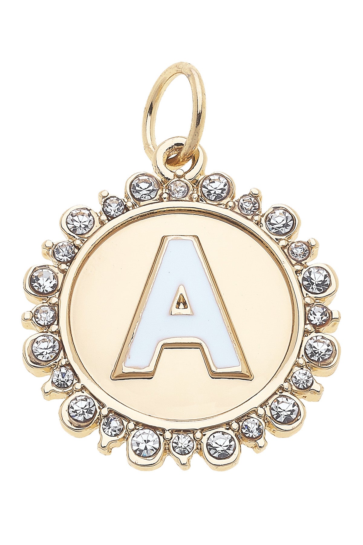 Charmed | Rhinestone - Studded Enamel Letter Disc Charm in Shiny Gold