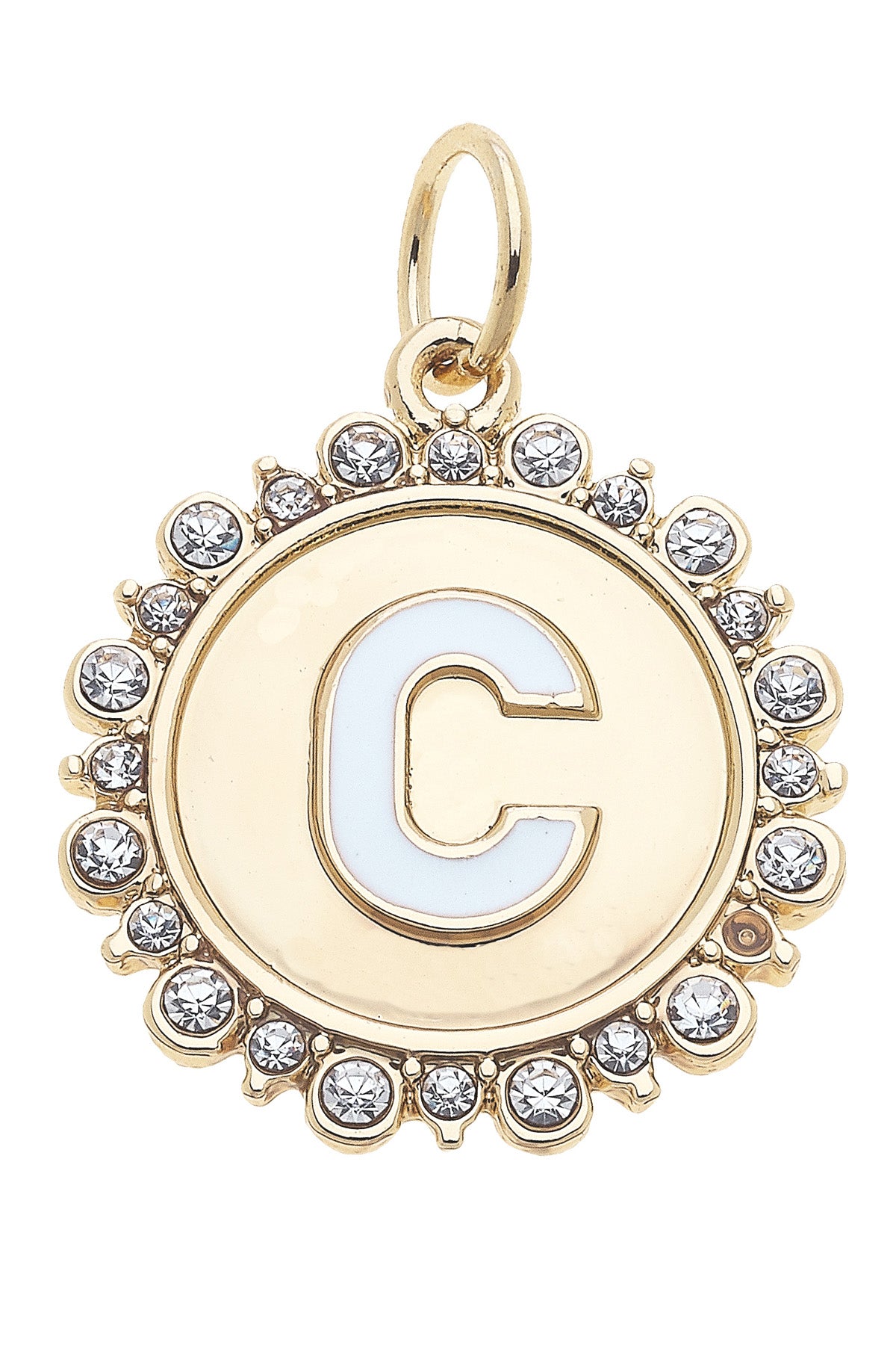 Charmed | Rhinestone - Studded Enamel Letter Disc Charm in Shiny Gold