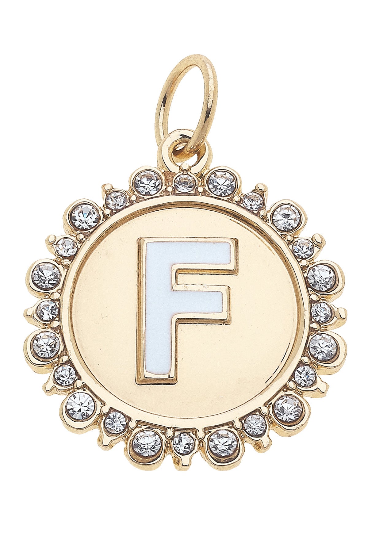 Charmed | Rhinestone - Studded Enamel Letter Disc Charm in Shiny Gold