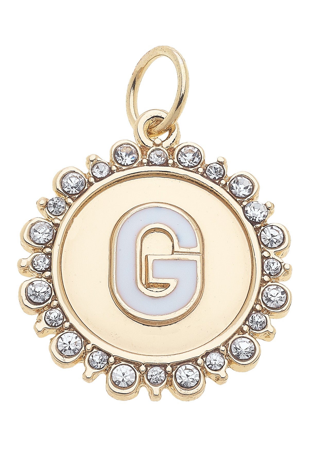 Charmed | Rhinestone - Studded Enamel Letter Disc Charm in Shiny Gold