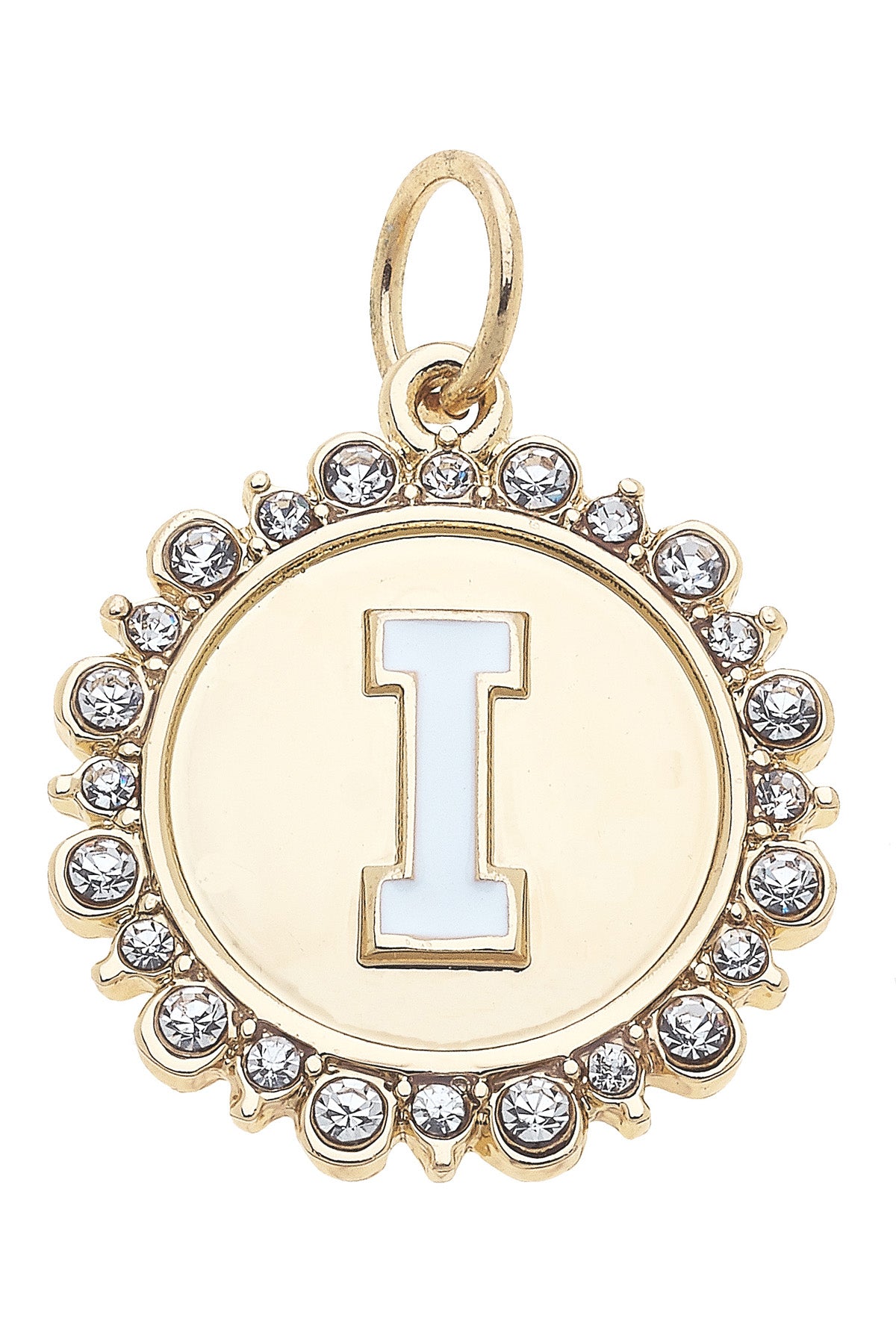 Charmed | Rhinestone - Studded Enamel Letter Disc Charm in Shiny Gold