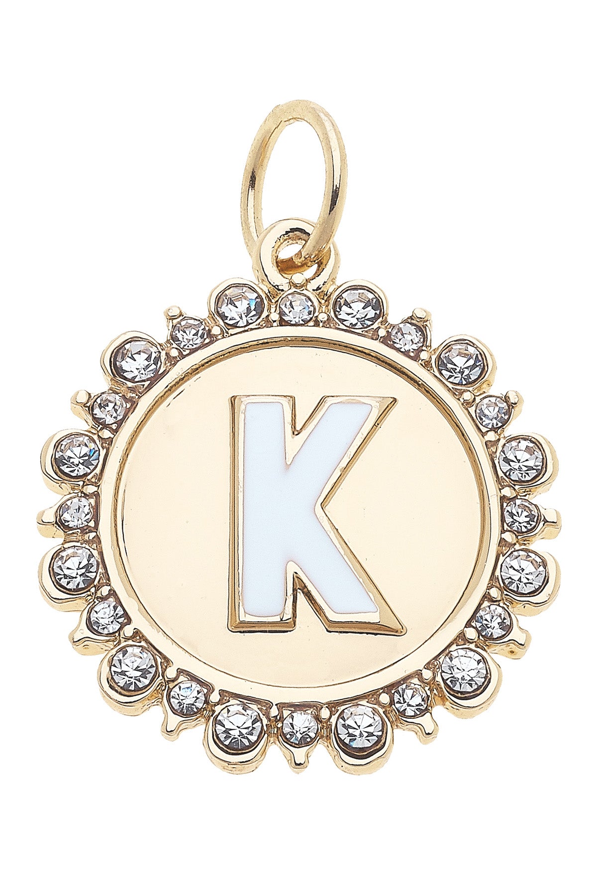 Charmed | Rhinestone - Studded Enamel Letter Disc Charm in Shiny Gold