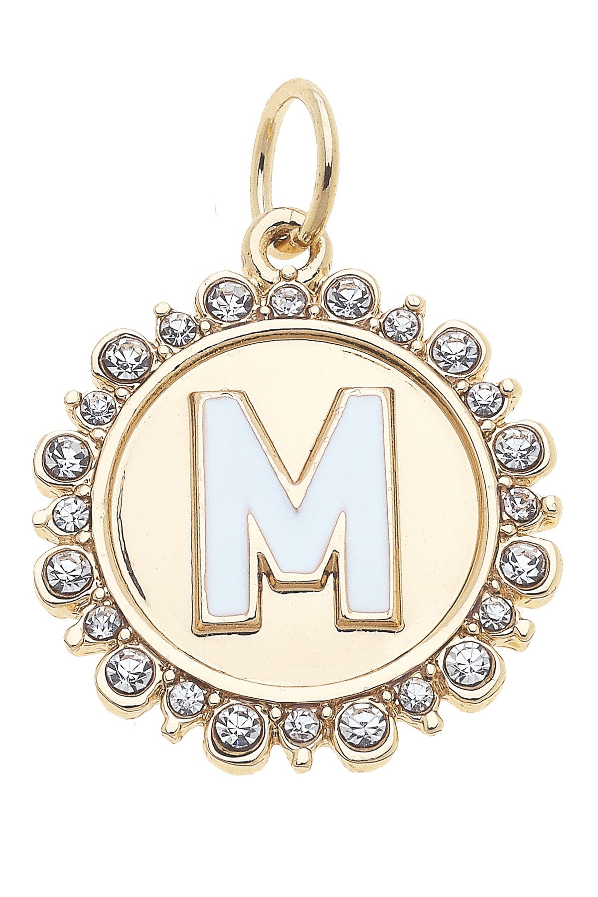 Charmed | Rhinestone - Studded Enamel Letter Disc Charm in Shiny Gold