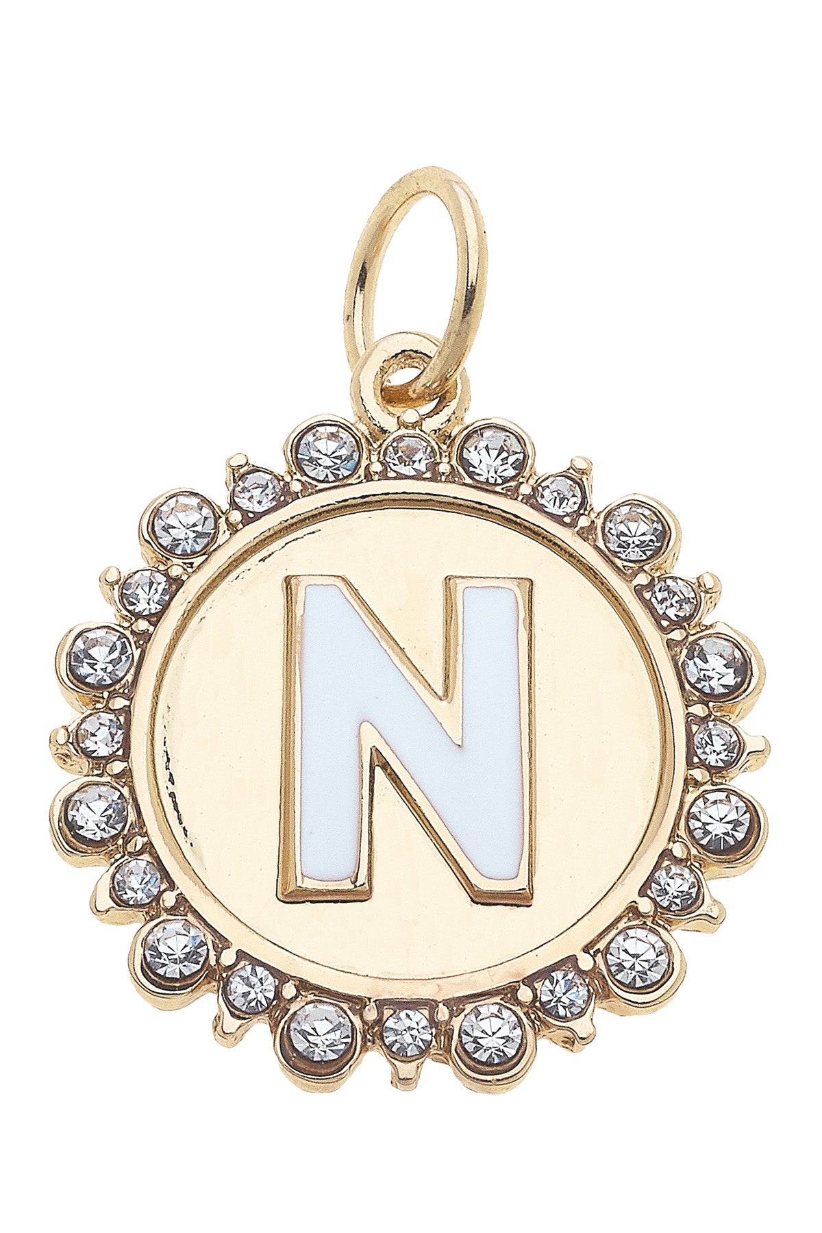 Charmed | Rhinestone - Studded Enamel Letter Disc Charm in Shiny Gold