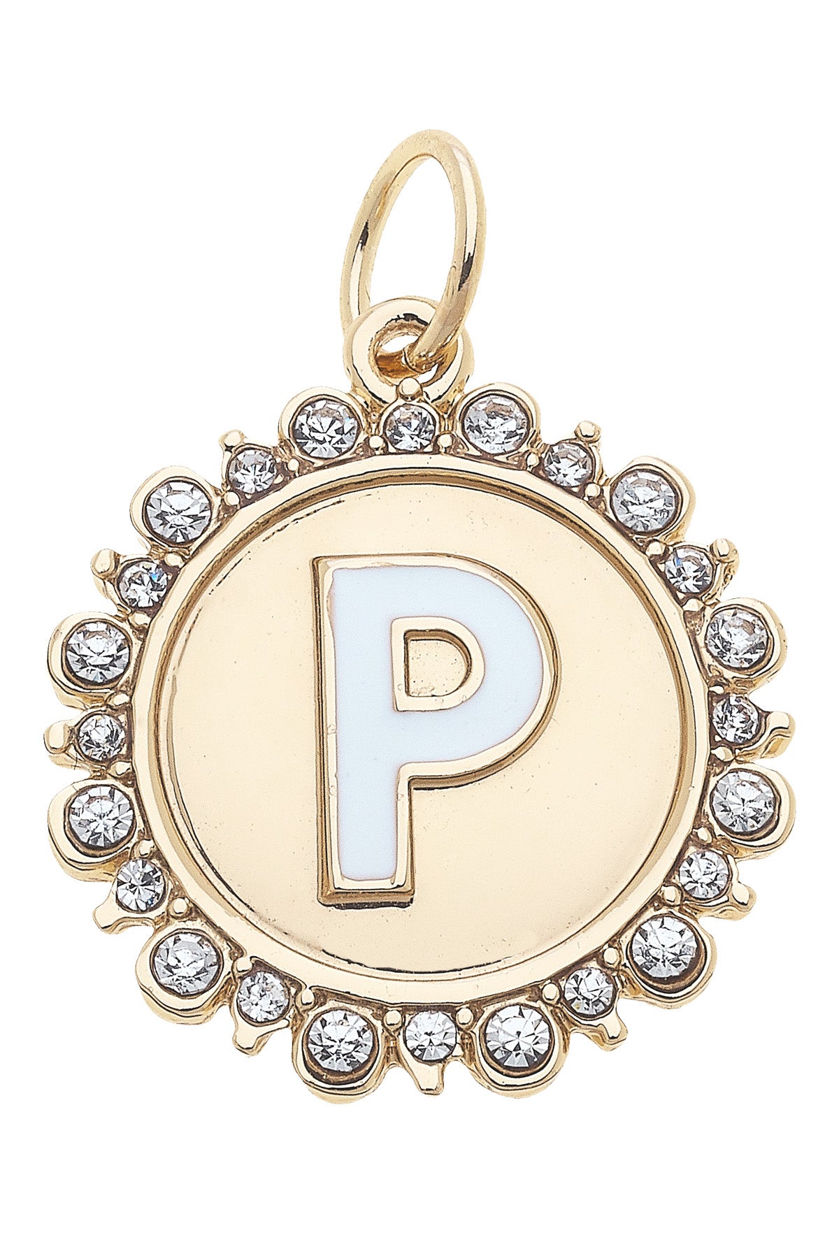 Charmed | Rhinestone - Studded Enamel Letter Disc Charm in Shiny Gold