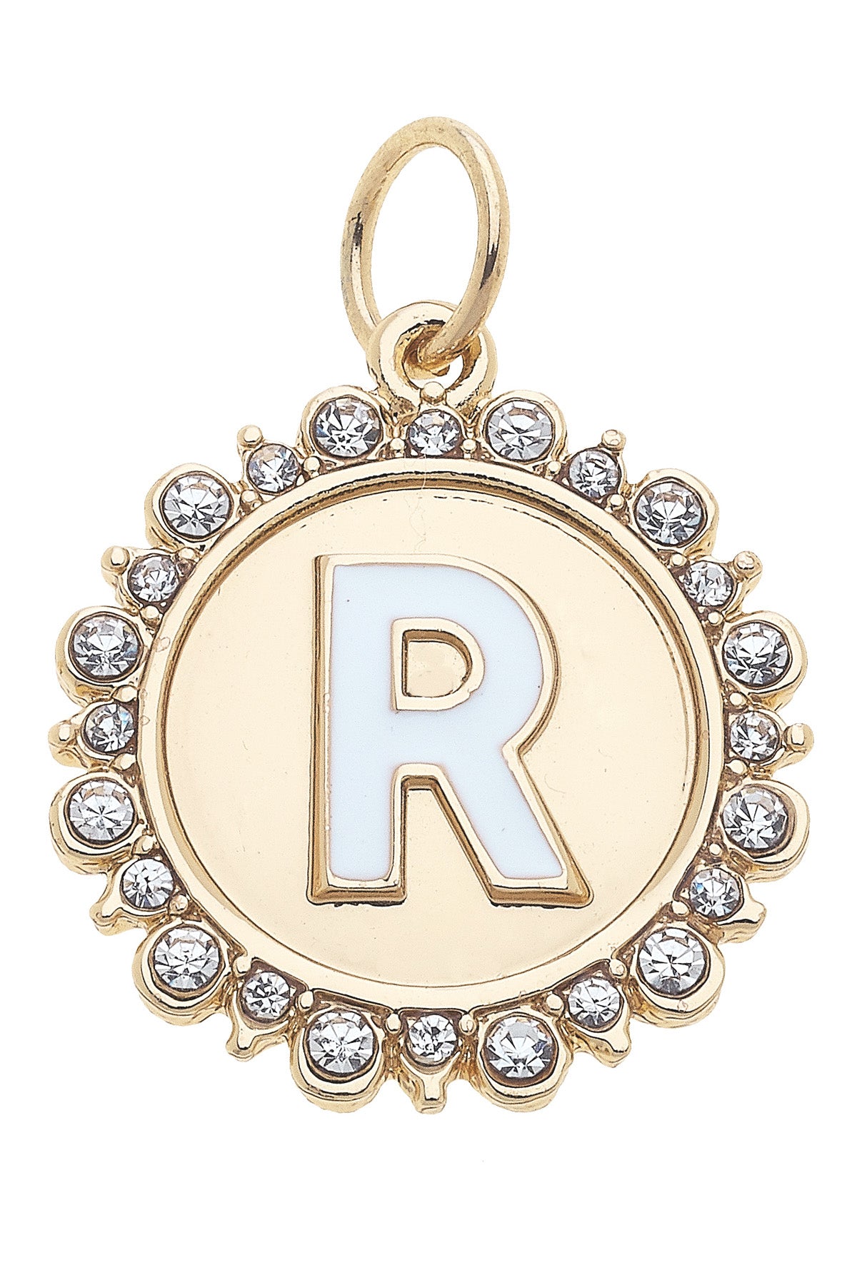 Charmed | Rhinestone - Studded Enamel Letter Disc Charm in Shiny Gold