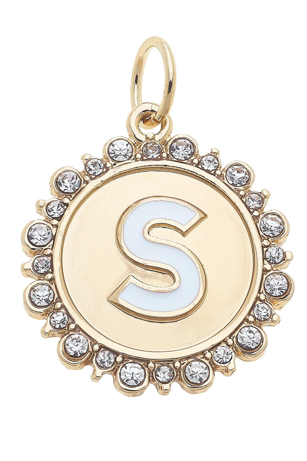 Charmed | Rhinestone - Studded Enamel Letter Disc Charm in Shiny Gold