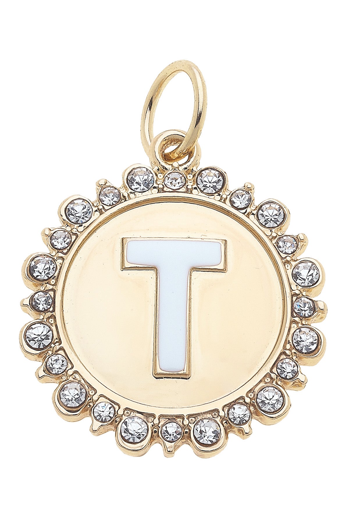 Charmed | Rhinestone - Studded Enamel Letter Disc Charm in Shiny Gold