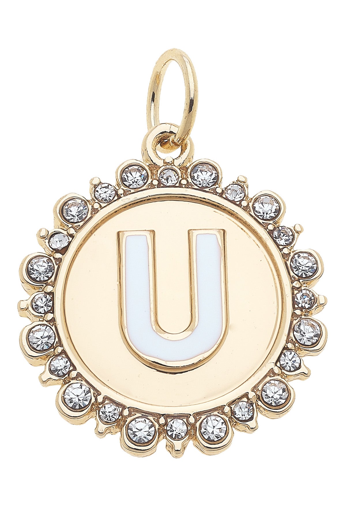 Charmed | Rhinestone - Studded Enamel Letter Disc Charm in Shiny Gold