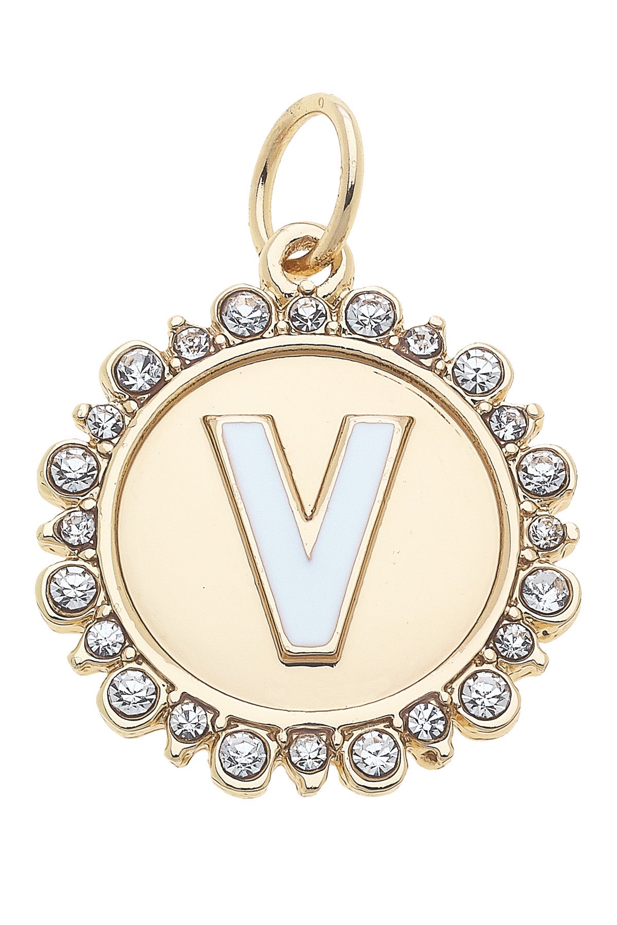 Charmed | Rhinestone - Studded Enamel Letter Disc Charm in Shiny Gold