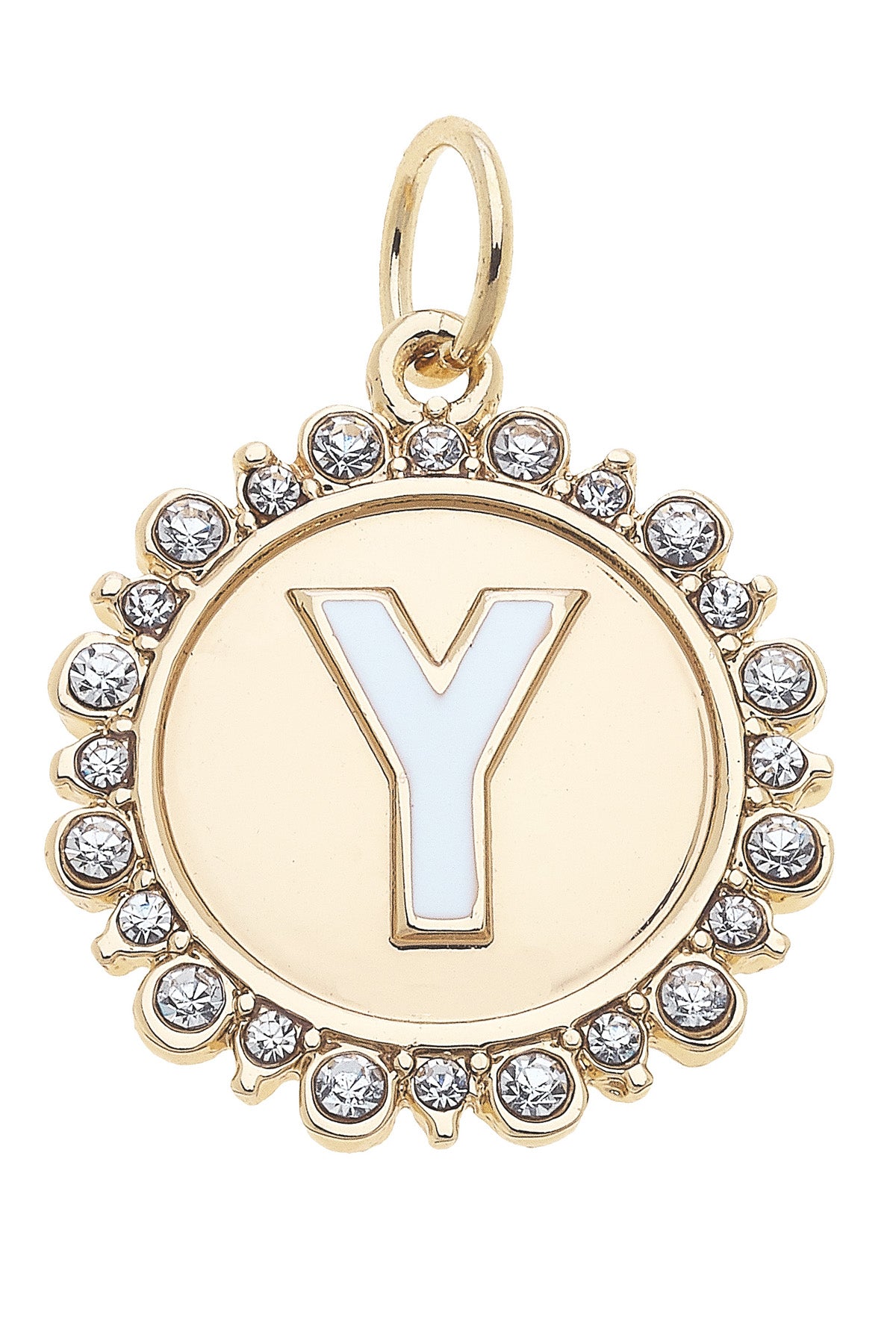 Charmed | Rhinestone - Studded Enamel Letter Disc Charm in Shiny Gold
