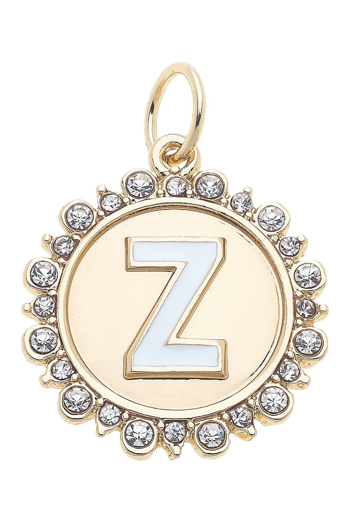 Charmed | Rhinestone - Studded Enamel Letter Disc Charm in Shiny Gold