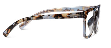 Side view of tortoiseshell eyeglasses with clear lenses and blue accent temple tips