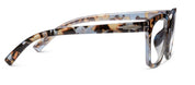 Side view of tortoiseshell eyeglasses with clear lenses and blue accent temple tips