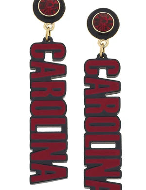 Garnet resin block letter drop earrings with round stud backs and gold hardware
