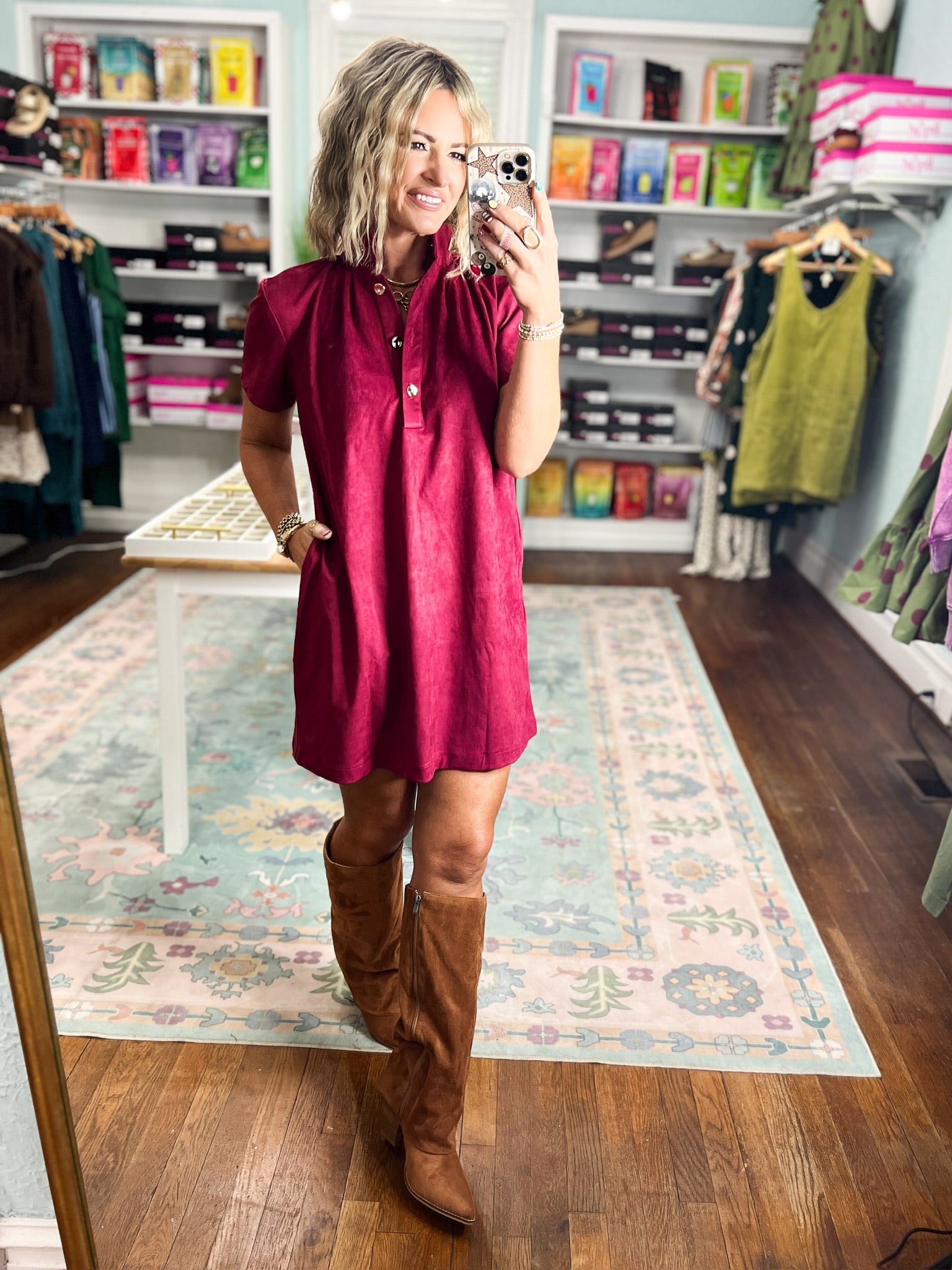 Plum short-sleeve mini dress with button-front opening